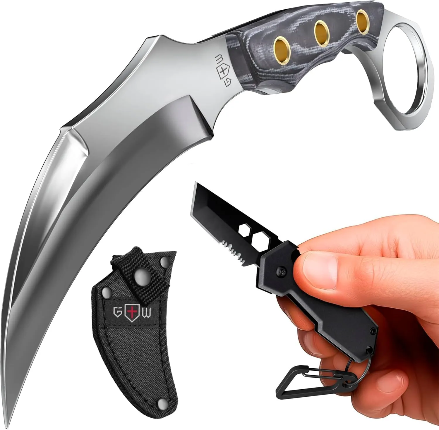 Grand Way Tactical Knife with Sheath - Micarta Handle - Knife with Carabiner - 2" Serrated Blade - Box Cutter Multitool