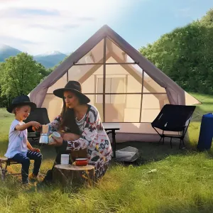 Grebest Inflatable Camping Tent, Waterproof Windproof Air Tent with Pump, Spacious Cabin Tent for 1-6 Person, Quick Setup Blow Up Tent with Skylight, Portable Glamping Tent for Family Beige