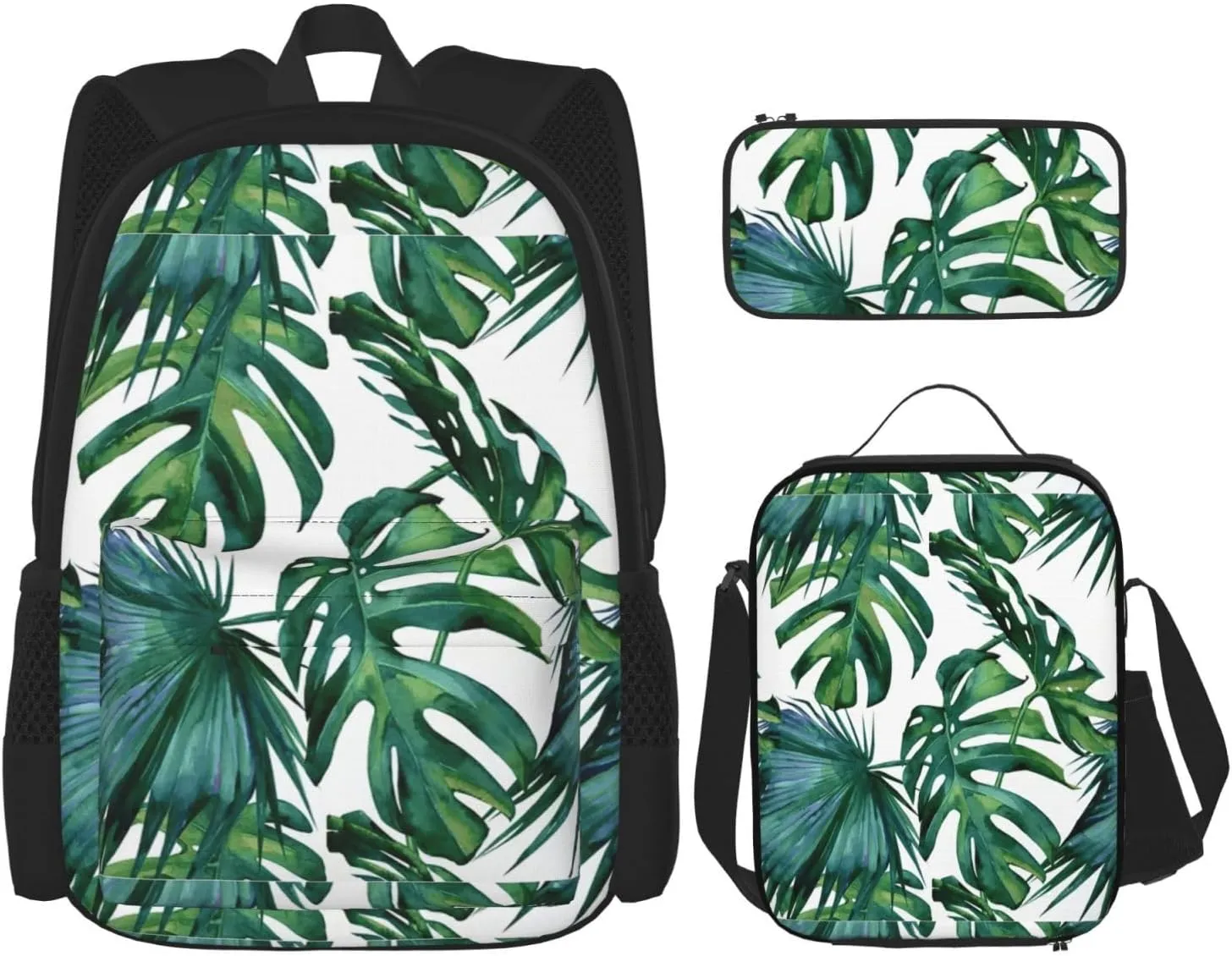 Green Banana Leaves Print Versatile Adjustable Shoulder Fashion Backpack Lunch Bag Pencil Case Large Capacity