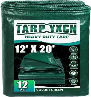 Green Heavy Duty Tarp 12x20 Feet, 12 Mil Thick Waterproof Poly Tarps Cover UV Resistant, Rip & Tear Proof with Metal Grommets Every 20 Inche