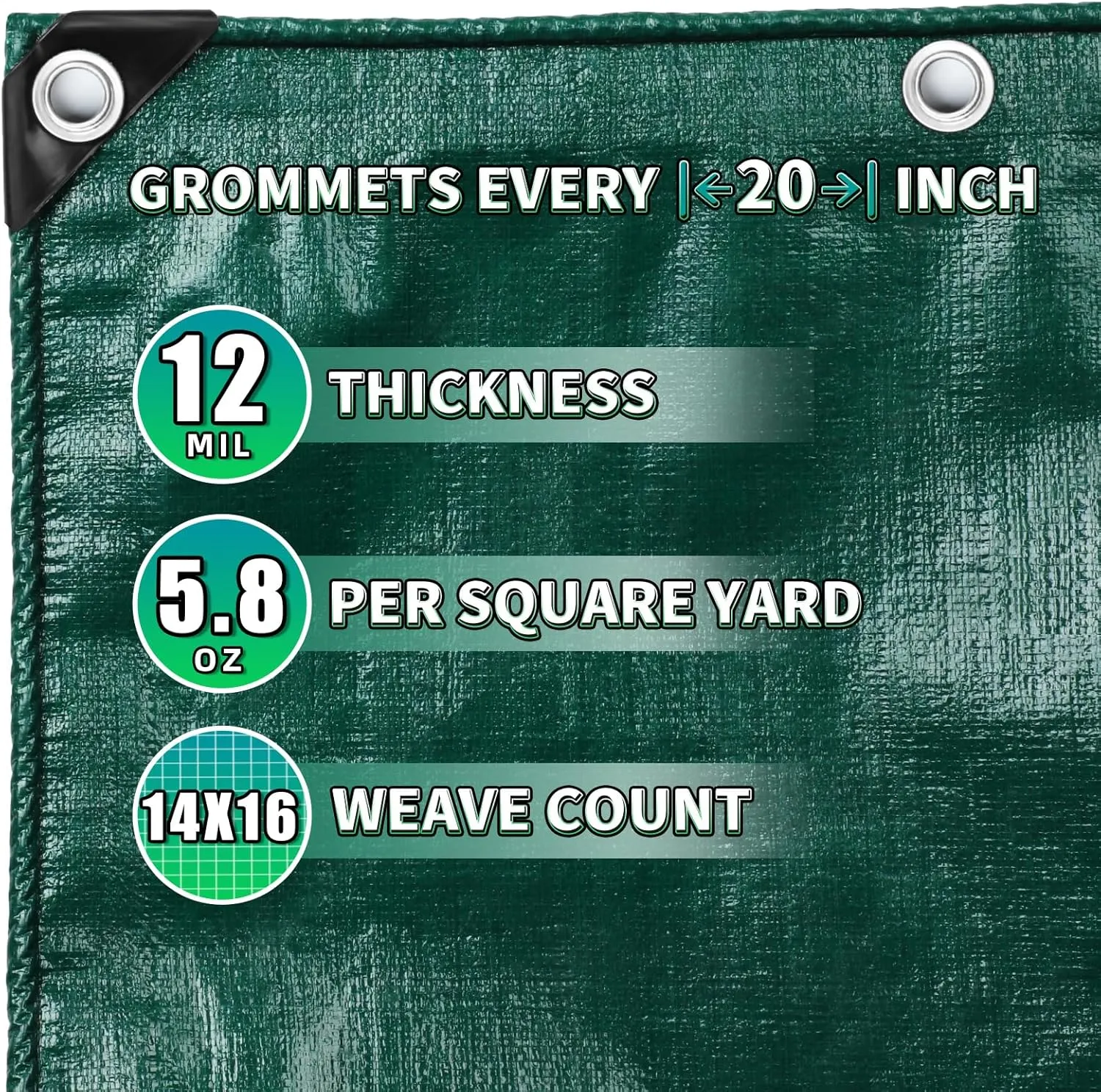 Green Heavy Duty Tarp 16x20 Feet, 12 Mil Thick Waterproof Poly Tarps Cover UV Resistant, Rip & Tear Proof with Metal Grommets Every 20 Inche