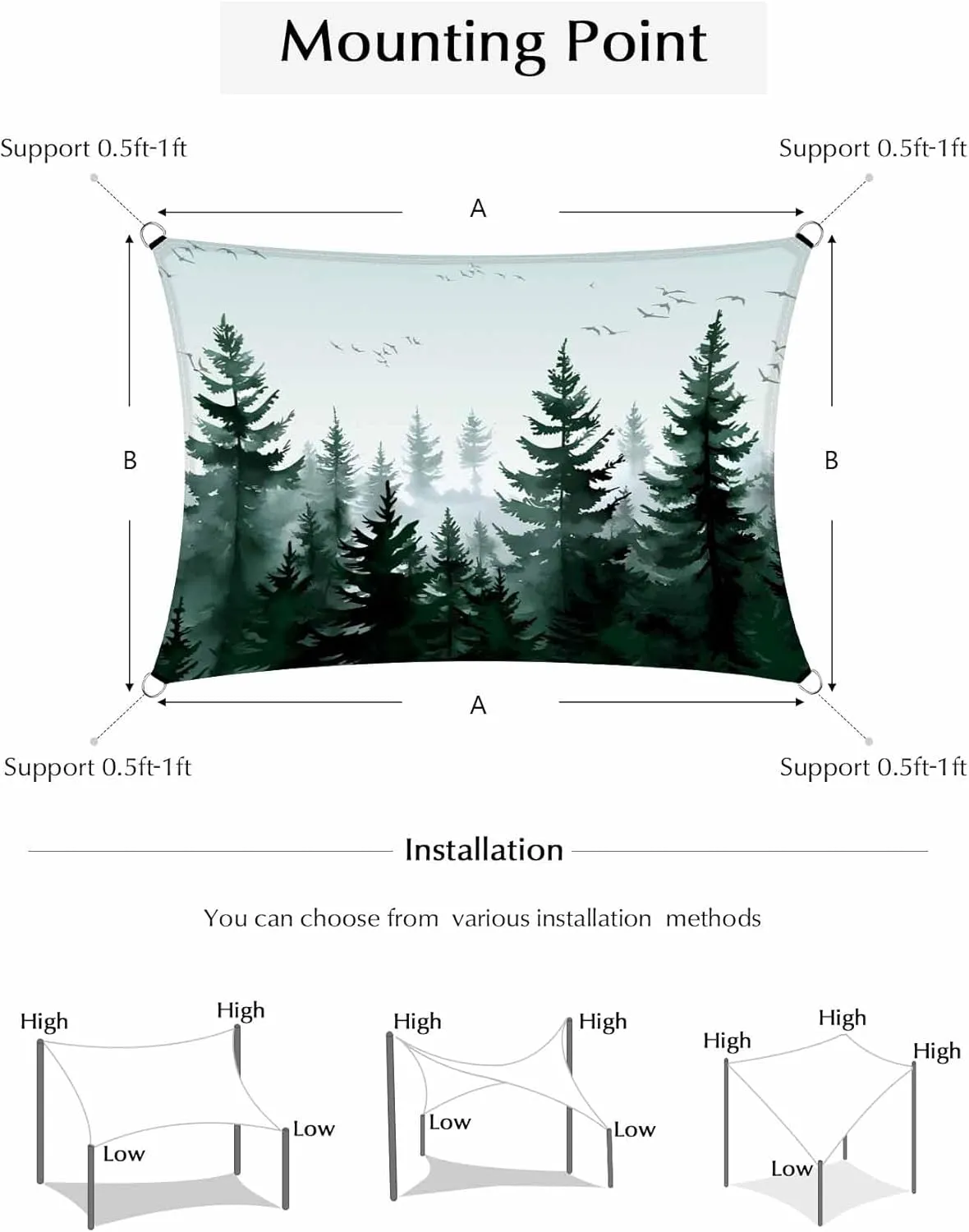 Green Mist Forest Sun Shade Sail 8x10ft Rectangle,Farmhouse Trees Nature Landscap Outdoor Patio Sunshade Waterproof Garden Canopy UV Block Backyard Cover for Pergola Porch Sand Lawn Pool Deck Balcony
