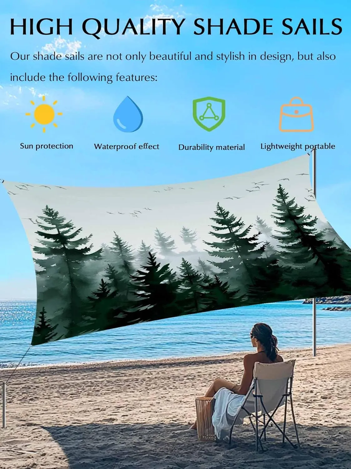 Green Mist Forest Sun Shade Sail 8x10ft Rectangle,Farmhouse Trees Nature Landscap Outdoor Patio Sunshade Waterproof Garden Canopy UV Block Backyard Cover for Pergola Porch Sand Lawn Pool Deck Balcony