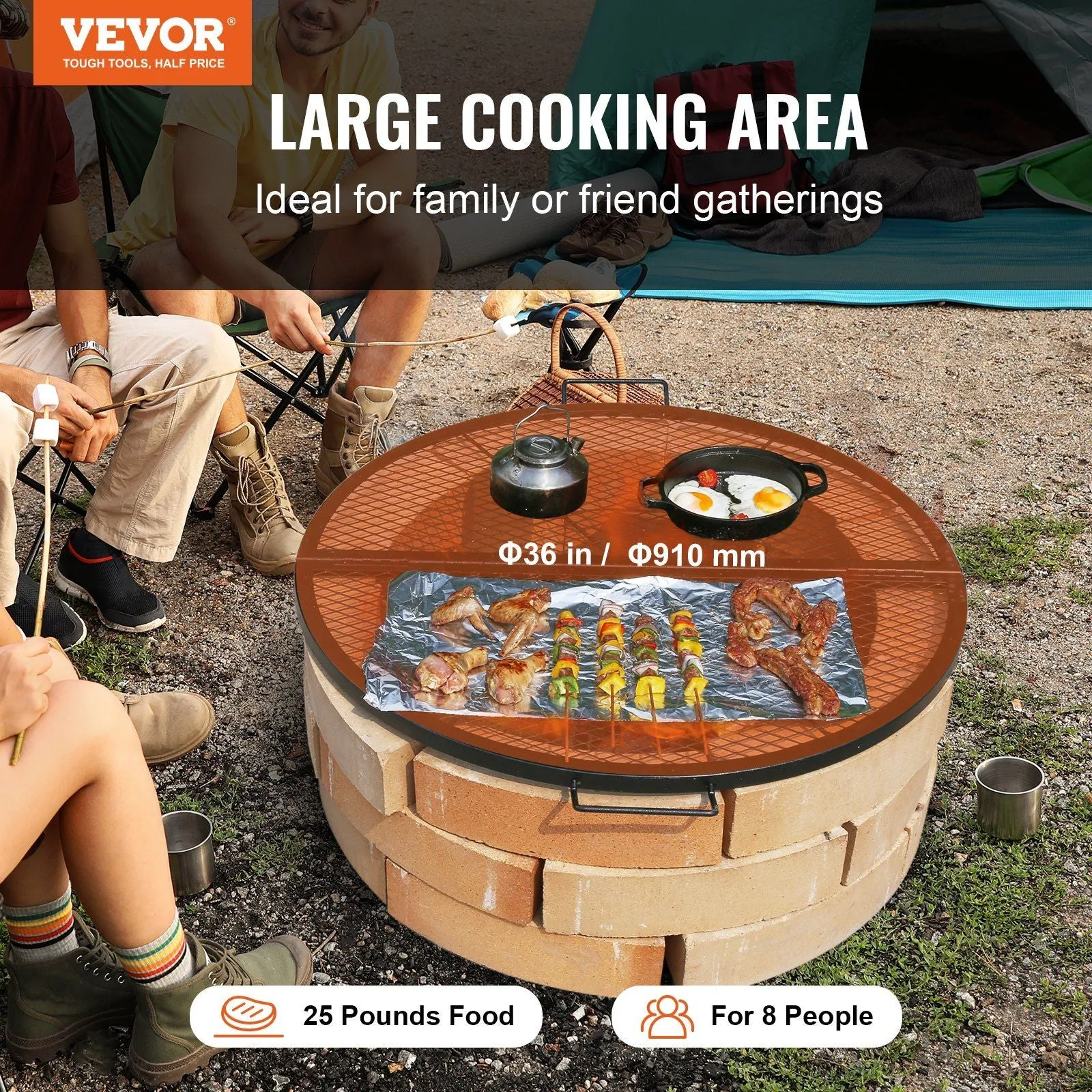 Grill Campfire Pit Handle Cookware Cooking 36 VEVOR BBQ X-Marks Round Grid IoT-powered Camping Party, and Risk-free X Inch Heavy with Steel Support Duty Grill for Portable Black Grate, Fire Outside Wire, Grate, Foldable
