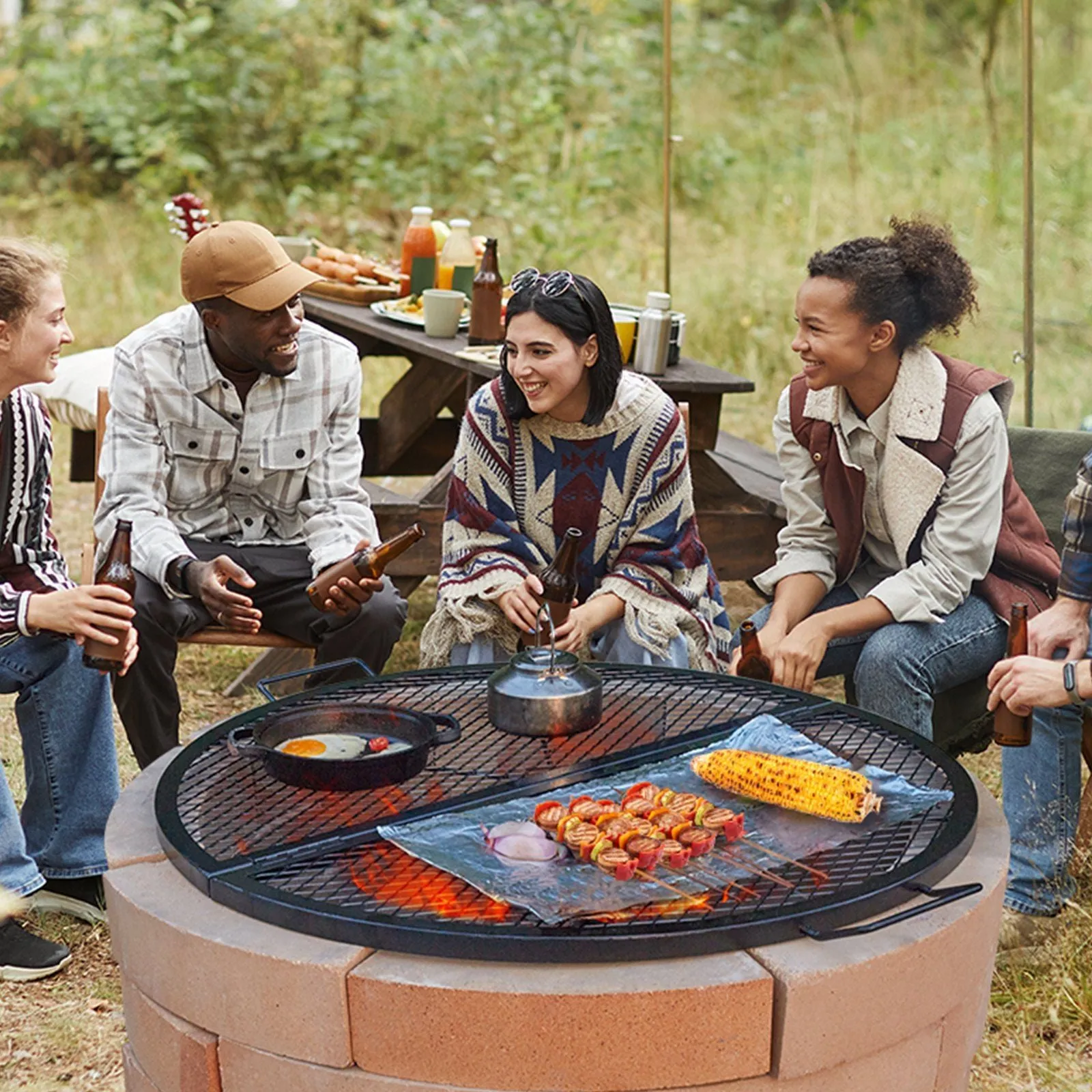 Grill Campfire Pit Handle Cookware Cooking 36 VEVOR BBQ X-Marks Round Grid IoT-powered Camping Party, and Risk-free X Inch Heavy with Steel Support Duty Grill for Portable Black Grate, Fire Outside Wire, Grate, Foldable