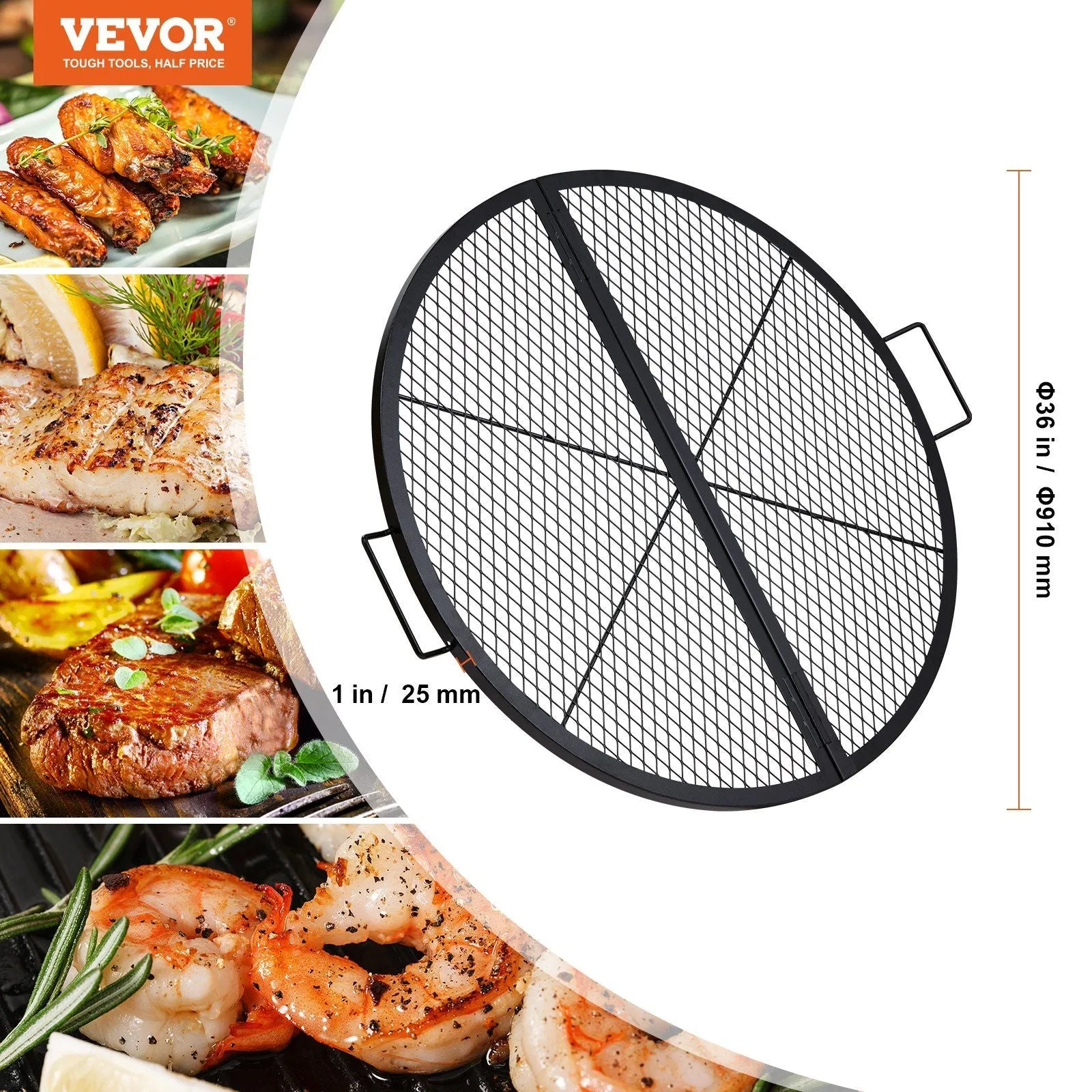 Grill Campfire Pit Handle Cookware Cooking 36 VEVOR BBQ X-Marks Round Grid IoT-powered Camping Party, and Risk-free X Inch Heavy with Steel Support Duty Grill for Portable Black Grate, Fire Outside Wire, Grate, Foldable