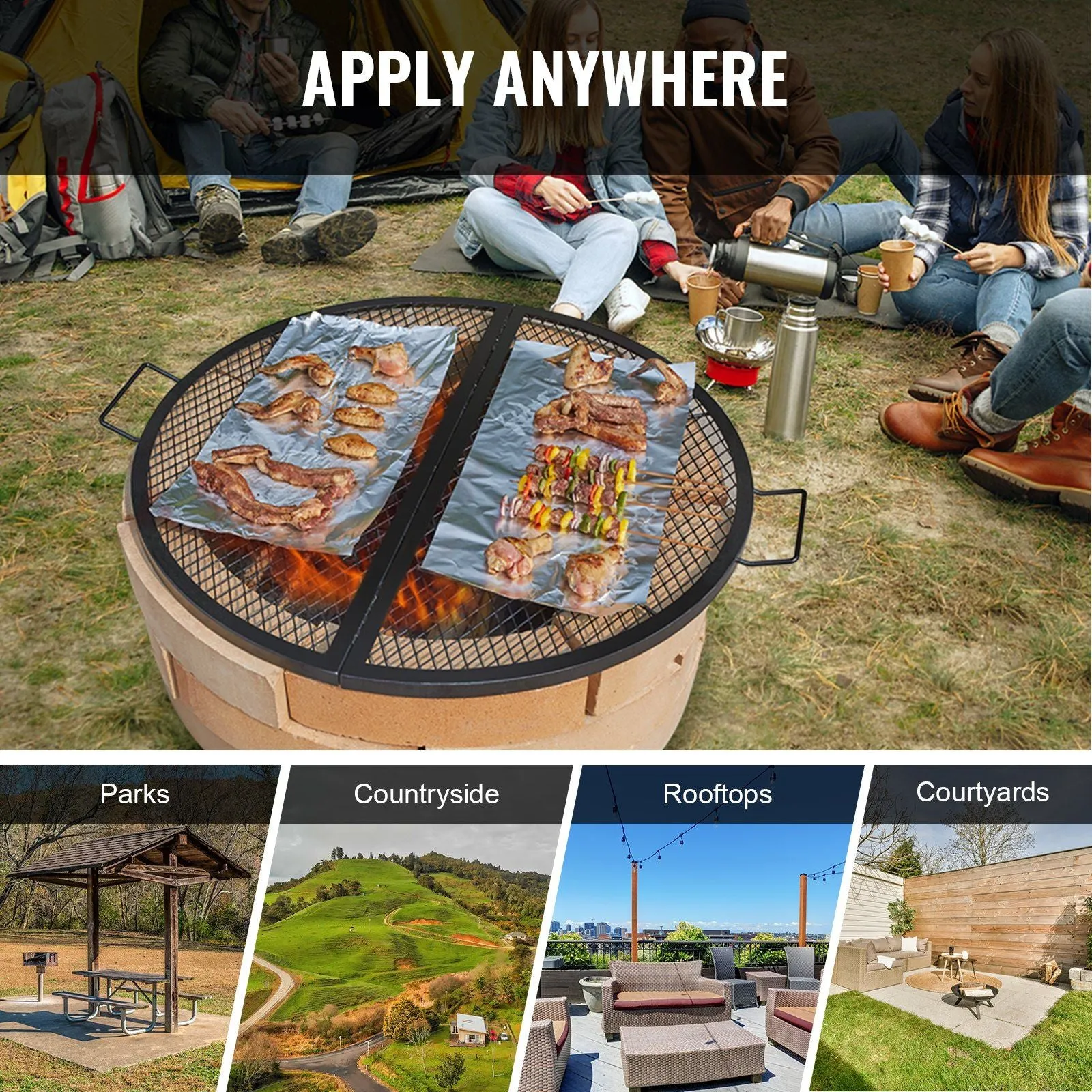 Grill Campfire Pit Handle Cookware Cooking 36 VEVOR BBQ X-Marks Round Grid IoT-powered Camping Party, and Risk-free X Inch Heavy with Steel Support Duty Grill for Portable Black Grate, Fire Outside Wire, Grate, Foldable