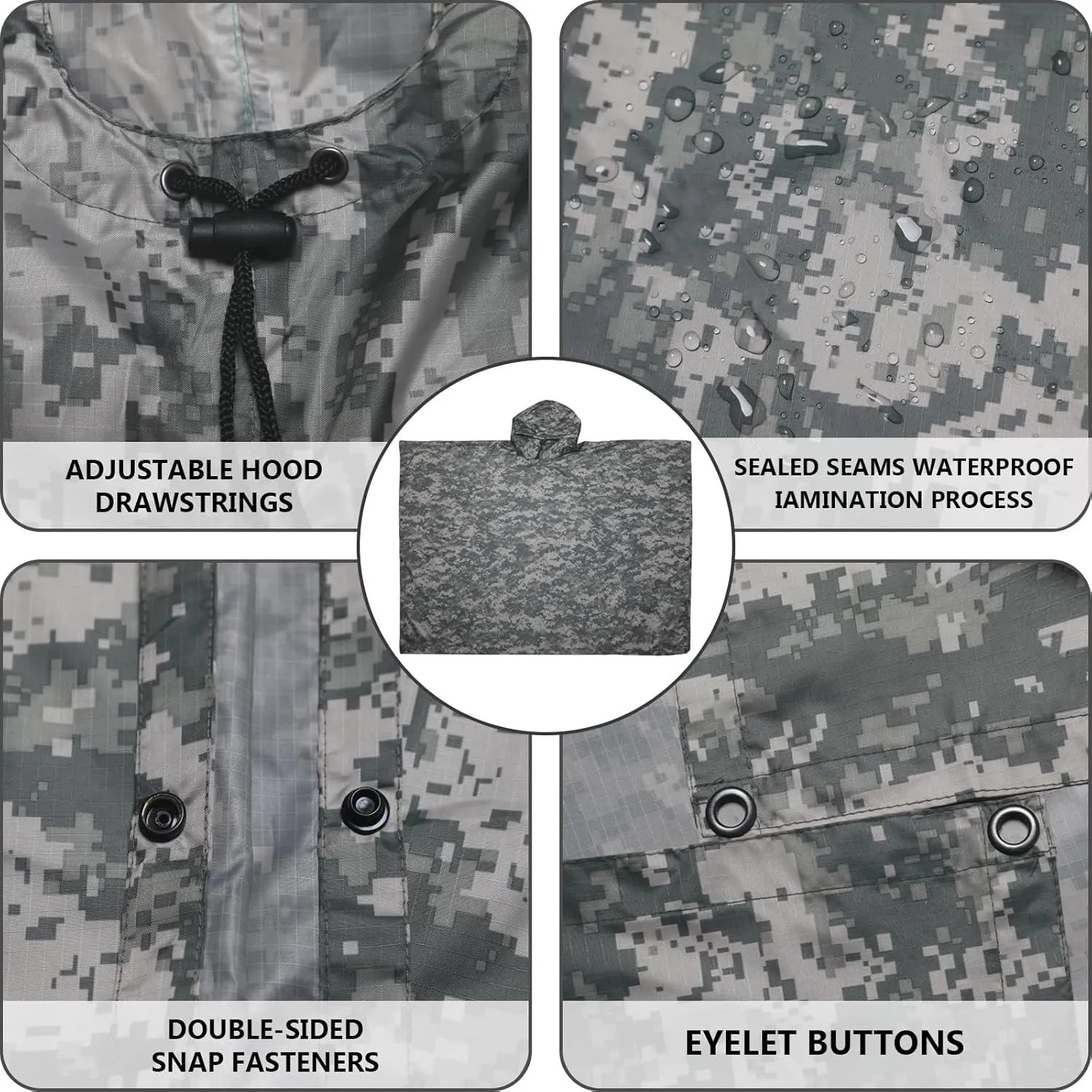 GRVCN Military Rain Poncho, Camouflage Raincoat Outdoor Waterproof Lightweight