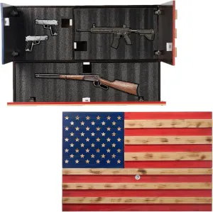 GUTE Tactical Hidden Gun Storage American Flag Wall Rack – Concealment Cabinet with RFID Lock, Trap Door – 35"x22.5" Rustic Wood Safe for Firearms, Magazines, Knives – Easy Wall Mount