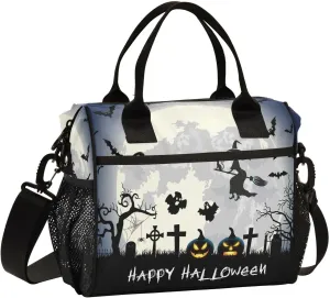 Halloweens-tombs-bats-print Insulated Lunch Bag for Women Men Reusable Lunch Tote Bag Cooler Bag Leakproof Lunch Box with Adjustable Shoulder Strap for Work Picnic Camping,M, Medium