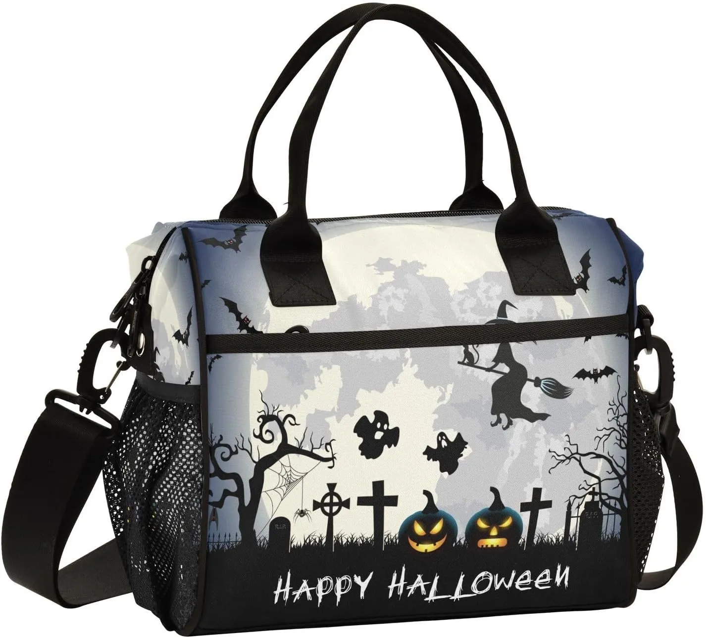 Halloweens-tombs-bats-print Insulated Lunch Bag for Women Men Reusable Lunch Tote Bag Cooler Bag Leakproof Lunch Box with Adjustable Shoulder Strap for Work Picnic Camping,M, Medium