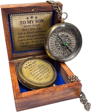 Handmade Brass Engraved Compass on Chain with Wooden Box, Vintage Style Nautical Compass with Intricate Engraving, 2.25 Inches in Diameter