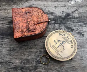 Handmade Nautical Brass Antique Finish Boy Scouts Pocket Compass Vintage Marine Ship Instrument Gift Compass with Leather Craving Case