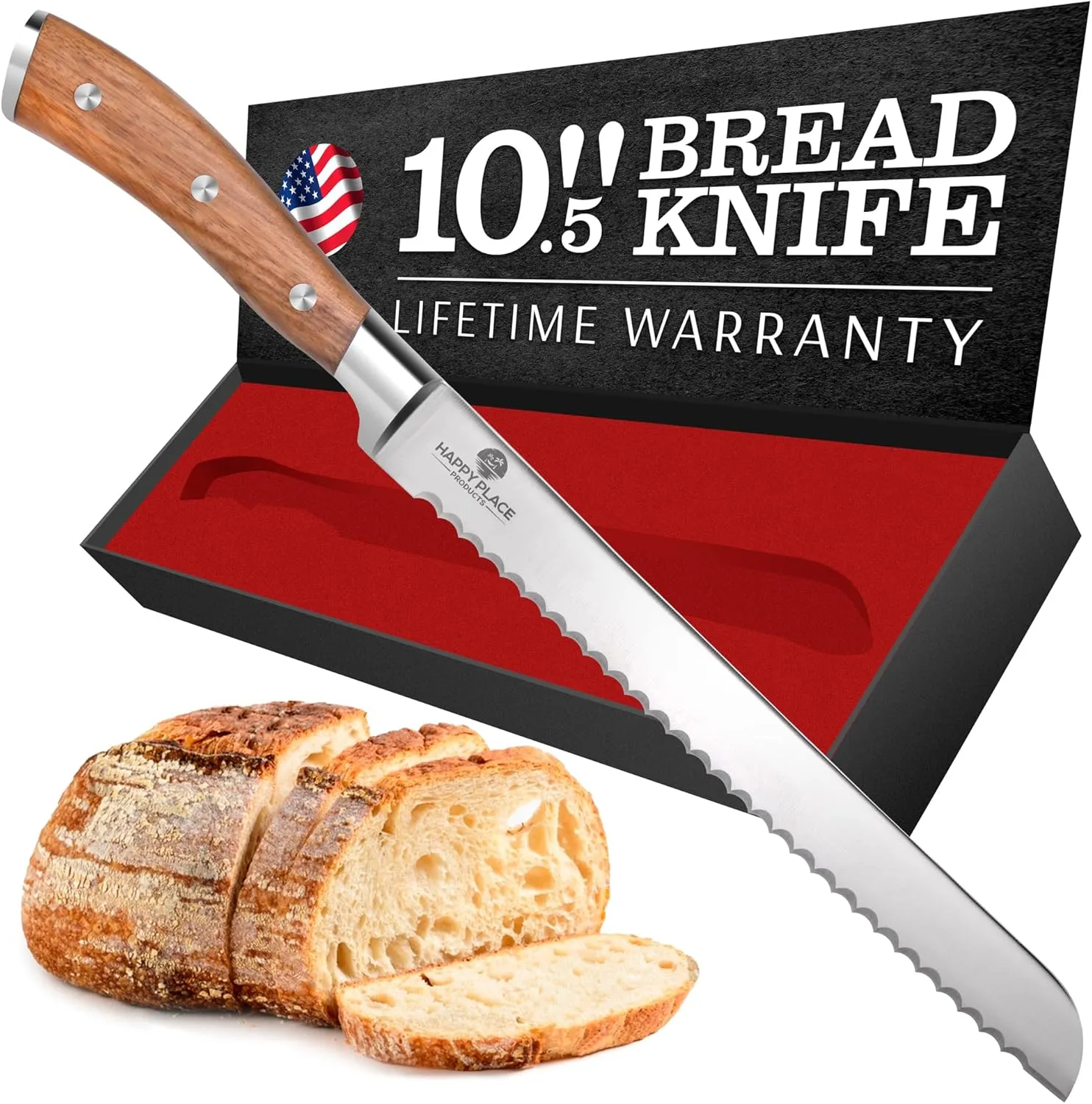 HAPPY PLACE PRODUCTS Bread Knife - Double-Bevel V-Shaped Serrated Cutting Blade – High-Carbon Stainless Steel - Bread Cutter for Sourdough, Bagels, Loaves, Cake – Ergonomic Wooden Handle - 10.5 Inch
