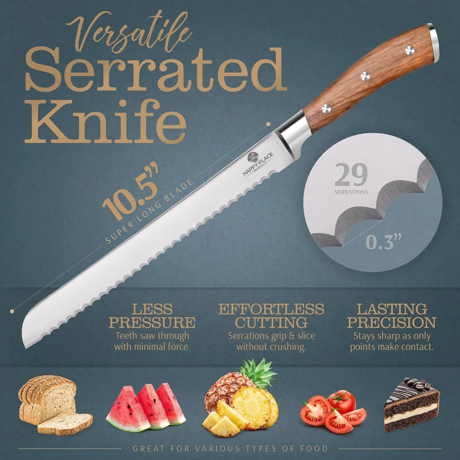 HAPPY PLACE PRODUCTS Bread Knife - Double-Bevel V-Shaped Serrated Cutting Blade – High-Carbon Stainless Steel - Bread Cutter for Sourdough, Bagels, Loaves, Cake – Ergonomic Wooden Handle - 10.5 Inch