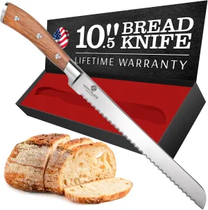 HAPPY PLACE PRODUCTS Bread Knife - Double-Bevel V-Shaped Serrated Cutting Blade – High-Carbon Stainless Steel - Bread Cutter for Sourdough, Bagels, Loaves, Cake – Ergonomic Wooden Handle - 10.5 Inch
