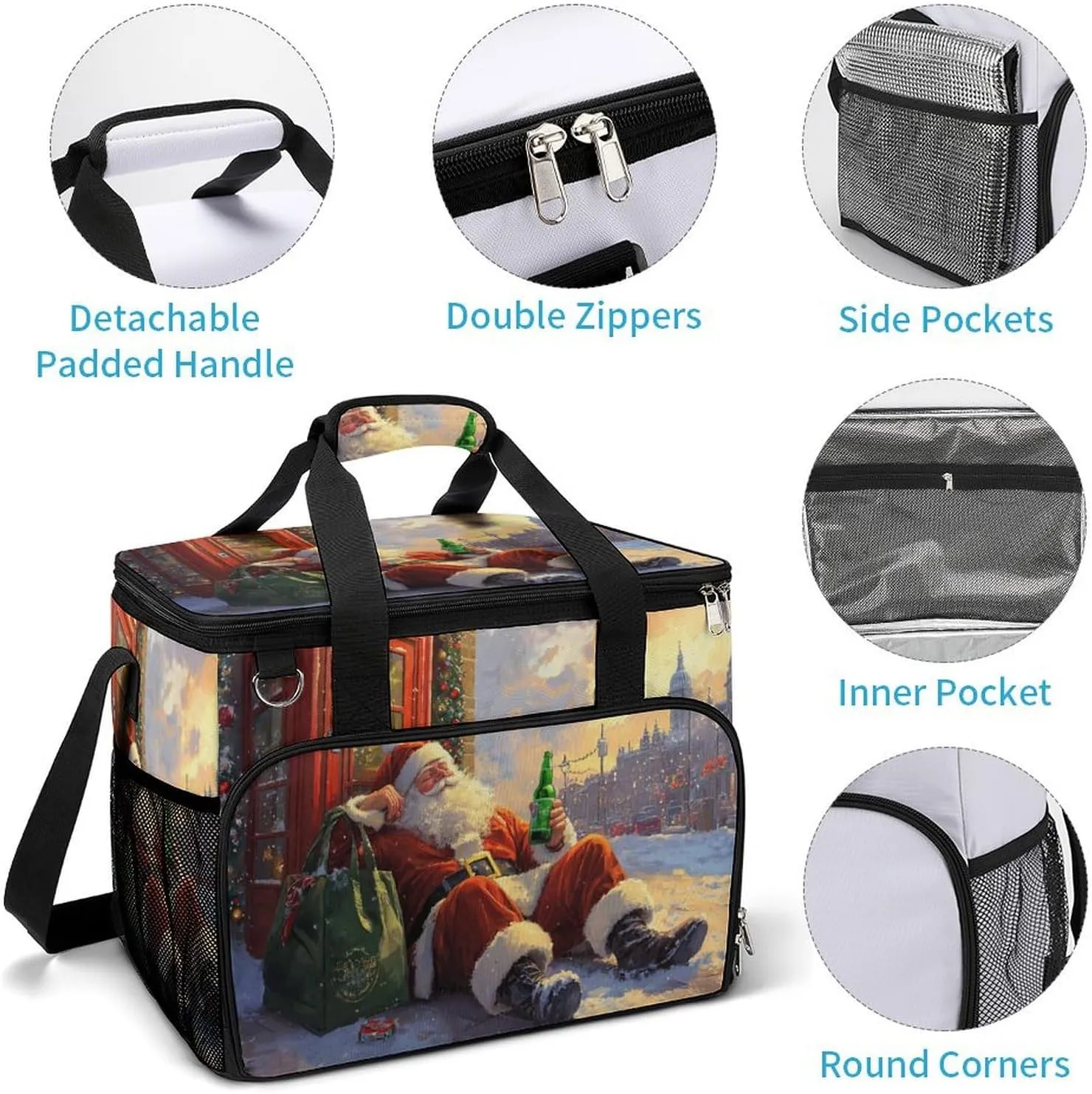 Happy Smiling Santa Claus Camping Cooler Bags Insulated Beach Cooler Portable Leak Proof Camping Cooler with Shoulder Strap