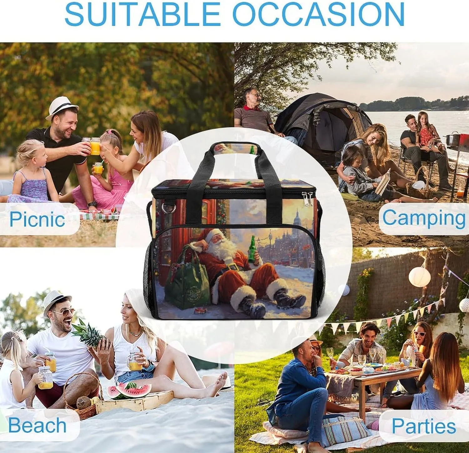 Happy Smiling Santa Claus Camping Cooler Bags Insulated Beach Cooler Portable Leak Proof Camping Cooler with Shoulder Strap