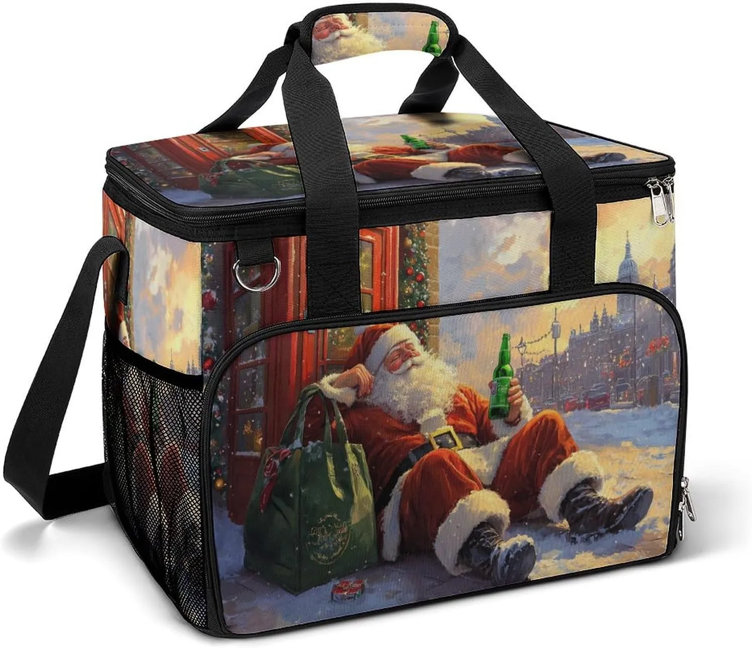 Happy Smiling Santa Claus Camping Cooler Bags Insulated Beach Cooler Portable Leak Proof Camping Cooler with Shoulder Strap