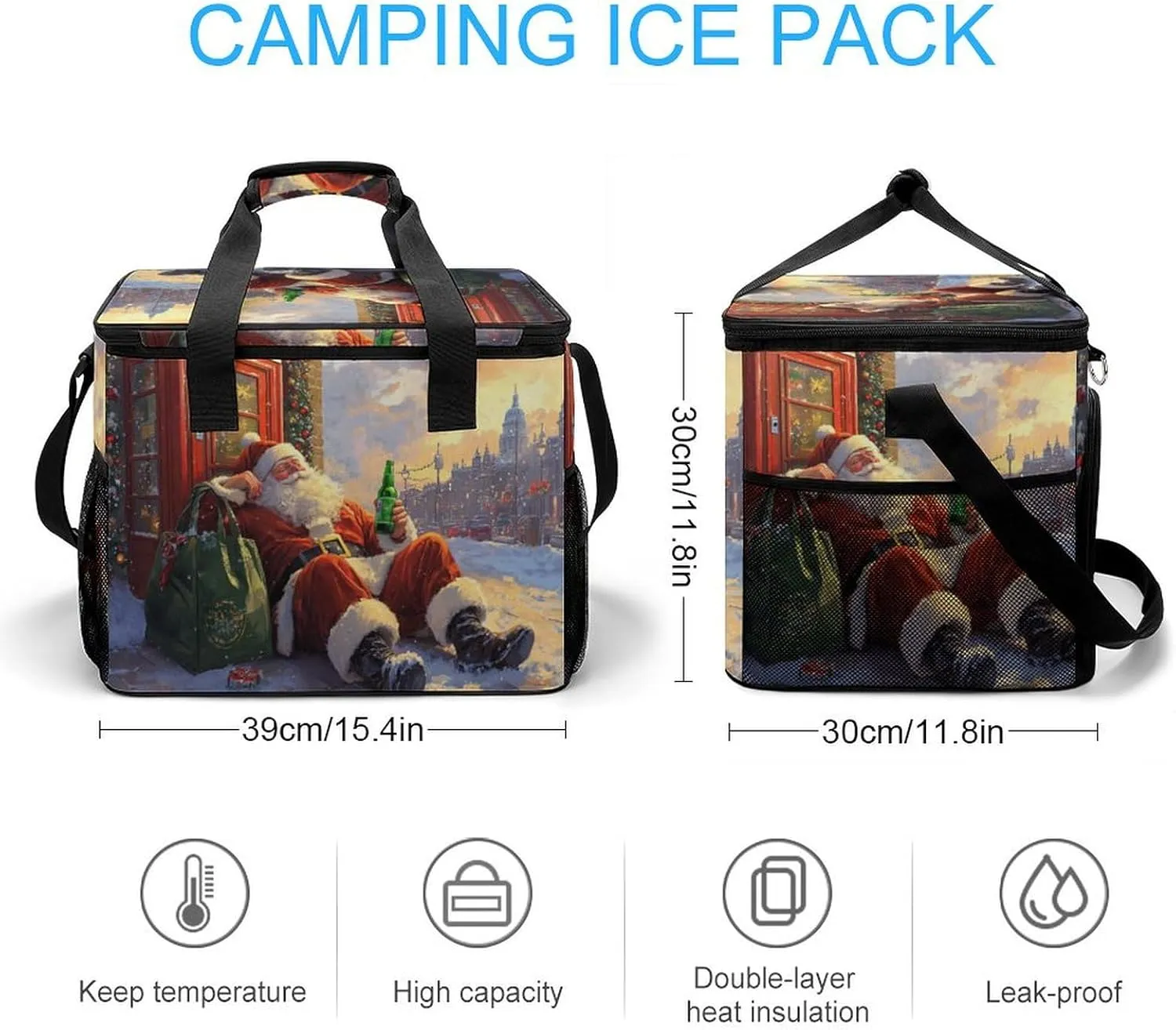 Happy Smiling Santa Claus Camping Cooler Bags Insulated Beach Cooler Portable Leak Proof Camping Cooler with Shoulder Strap