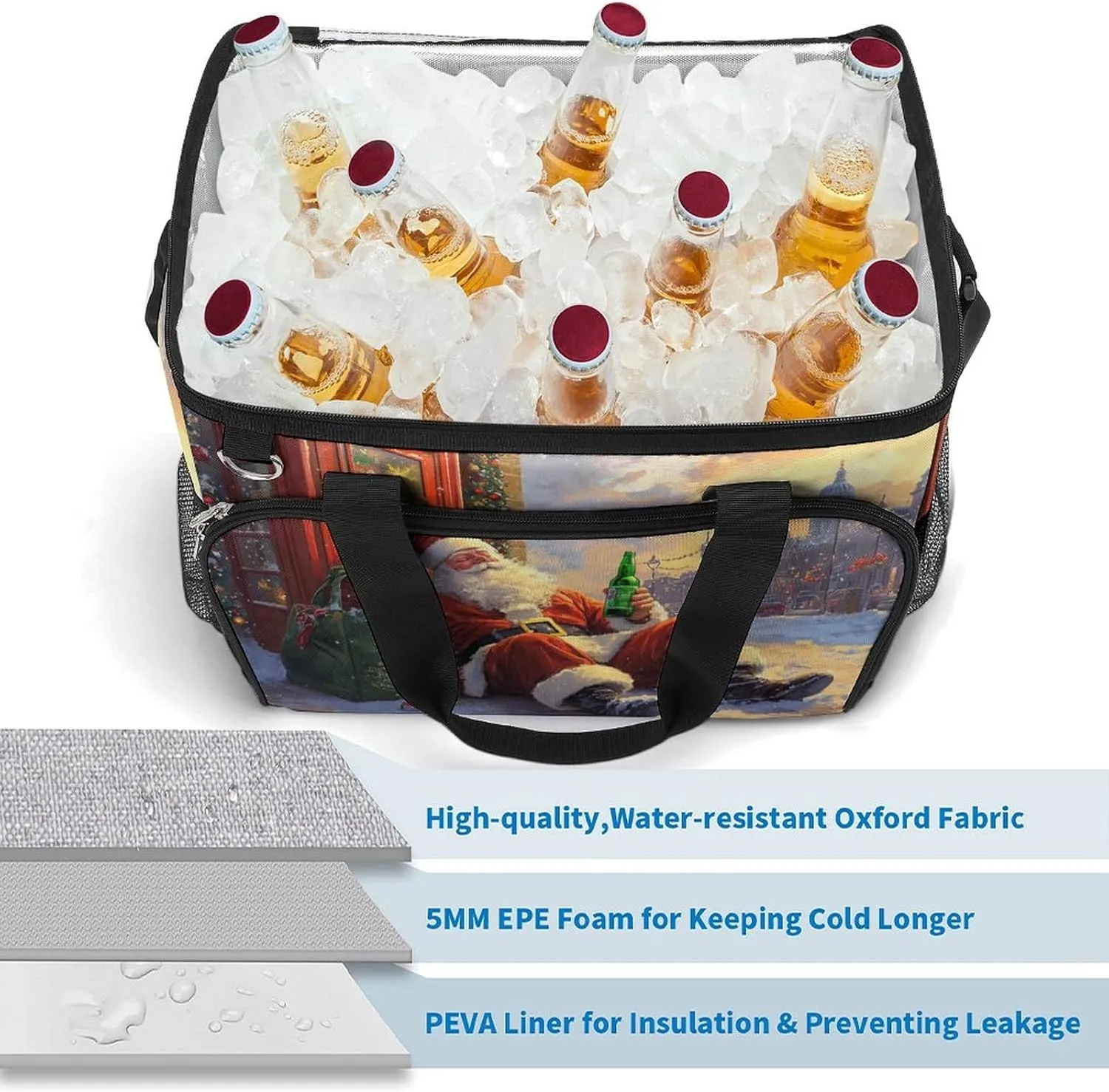Happy Smiling Santa Claus Camping Cooler Bags Insulated Beach Cooler Portable Leak Proof Camping Cooler with Shoulder Strap