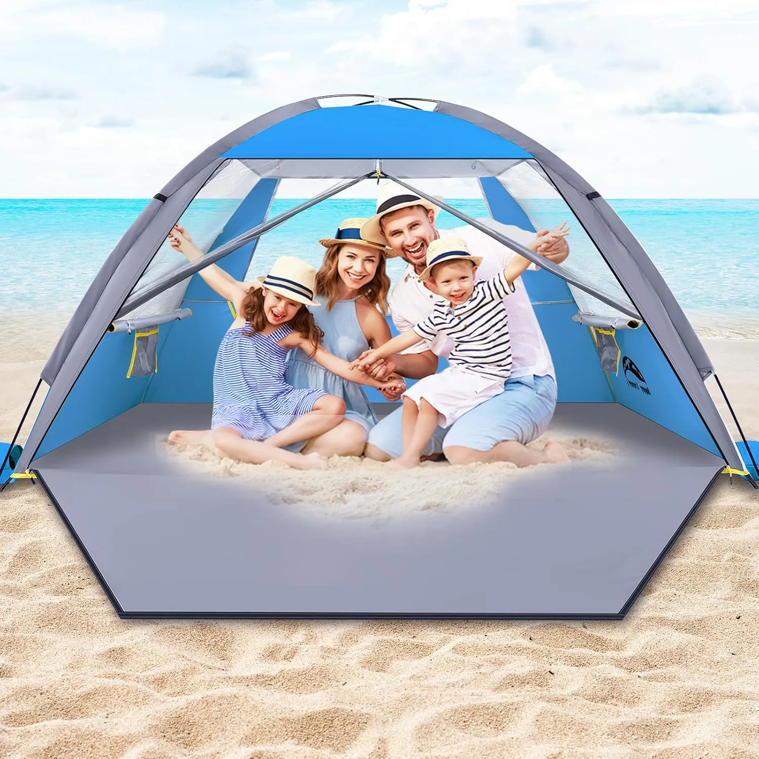 Happy Travel Beach Tent, UPF 50  UV Protection Sun Shade Shelter for 3/4/5/6/7/8 Person, Portable Beach Canopy for Family & Baby, Lightweight & Easy Setup Beach Cabana with 3 Ventilation Mesh Windows
