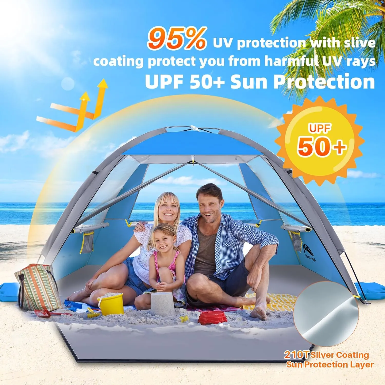 Happy Travel Beach Tent, UPF 50  UV Protection Sun Shade Shelter for 3/4/5/6/7/8 Person, Portable Beach Canopy for Family & Baby, Lightweight & Easy Setup Beach Cabana with 3 Ventilation Mesh Windows