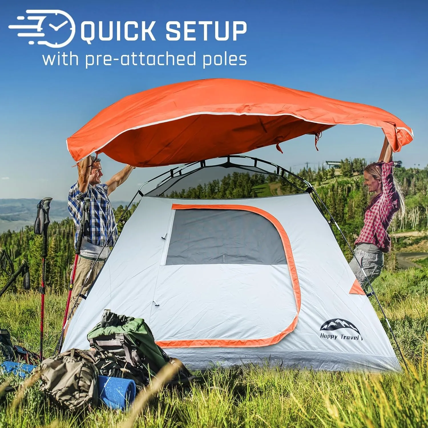 Happy Travel Camping Tent, 4 Person Dome Tents for Camping with Rainfly, Waterproof Clip Easy Setup Portable Family Tent with Mesh Windows, 20% More Headroom Backpacking Tents for Camping & Hiking