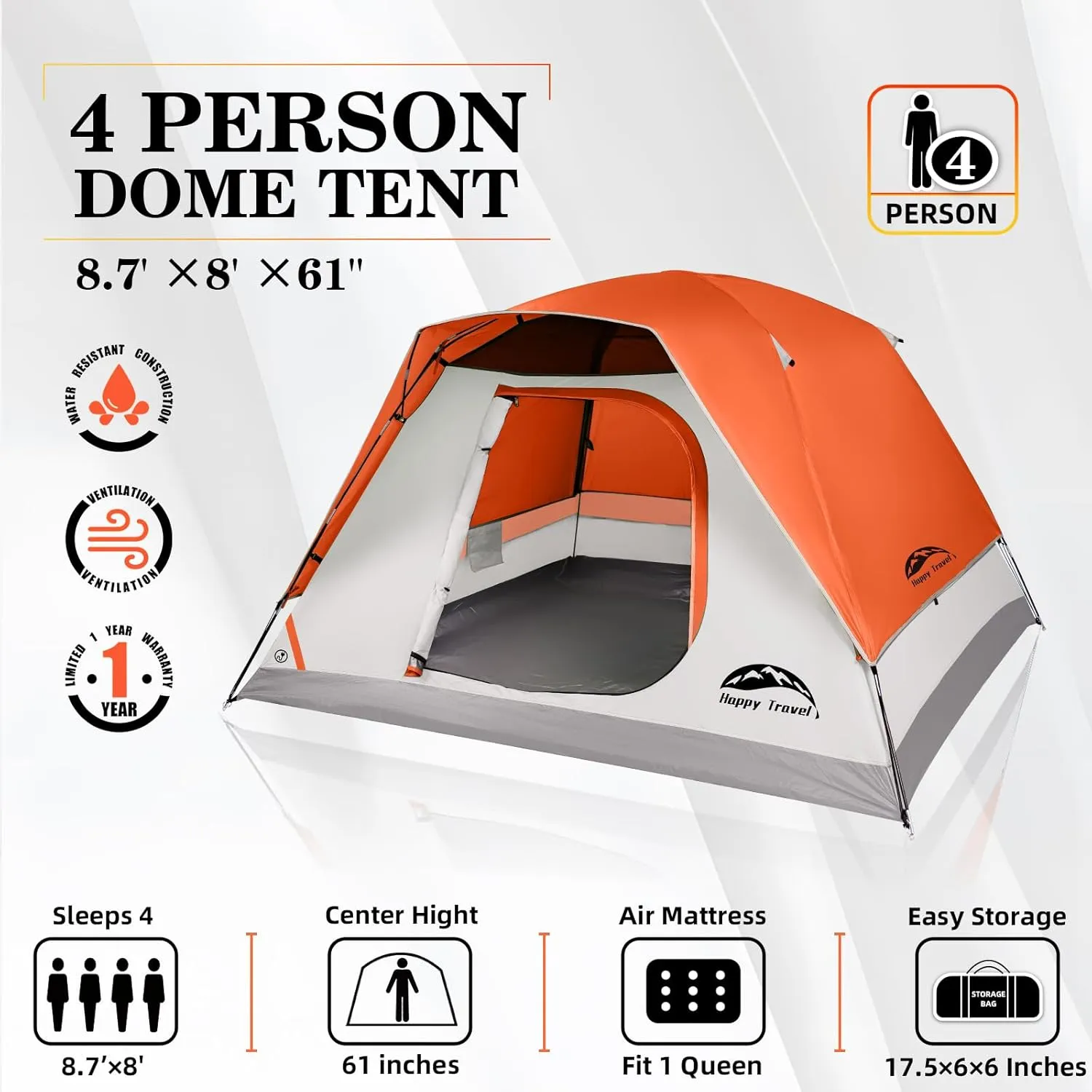Happy Travel Camping Tent, 4 Person Dome Tents for Camping with Rainfly, Waterproof Clip Easy Setup Portable Family Tent with Mesh Windows, 20% More Headroom Backpacking Tents for Camping & Hiking