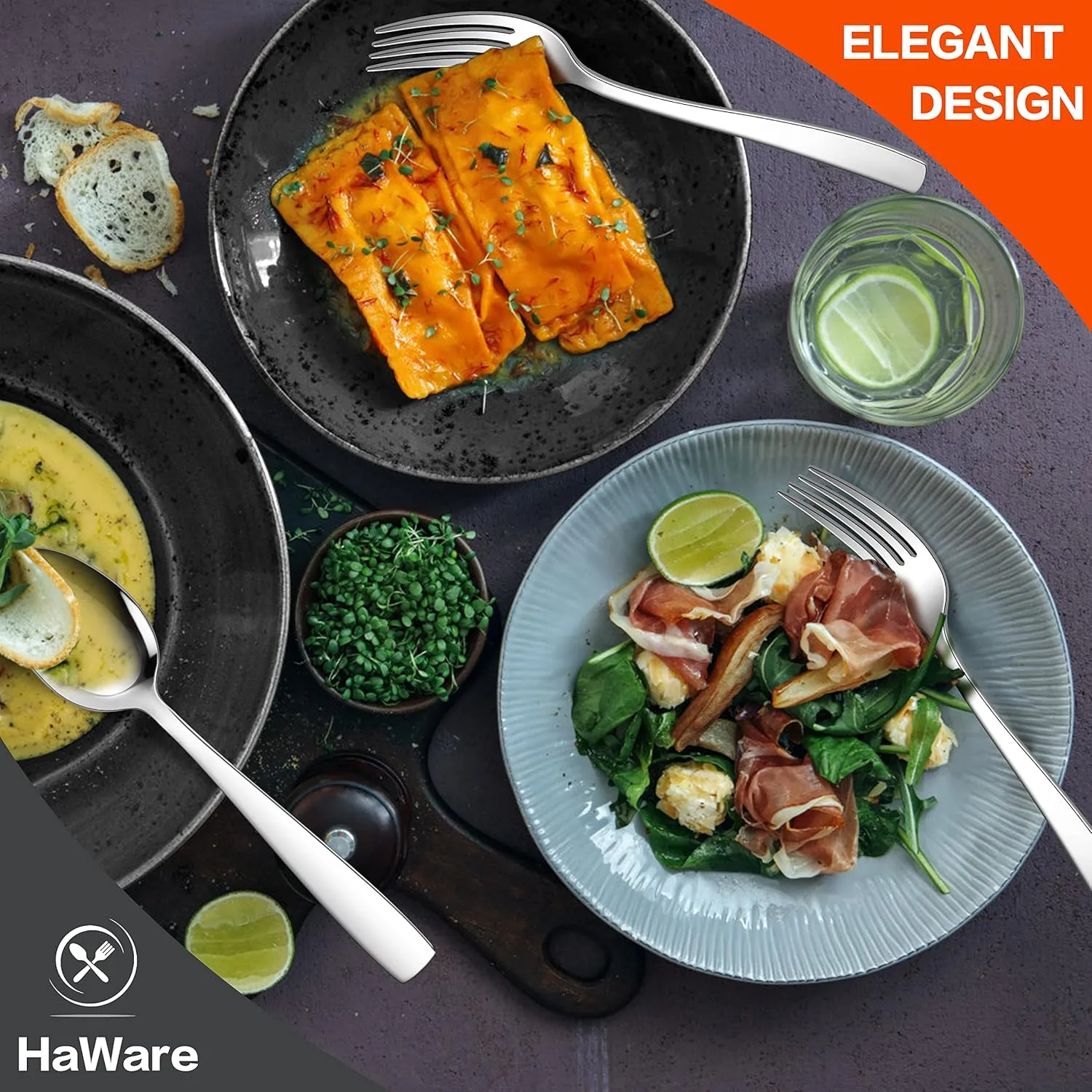 HaWare 18/10 Stainless Steel Flatware, 60-Piece Silverware Set Service for 12, Fancy Tableware Cutlery Set for Home Restaurant, Include Knife Fork Spoon, Mirror Finish Eating Utensils, Dishwasher Safe