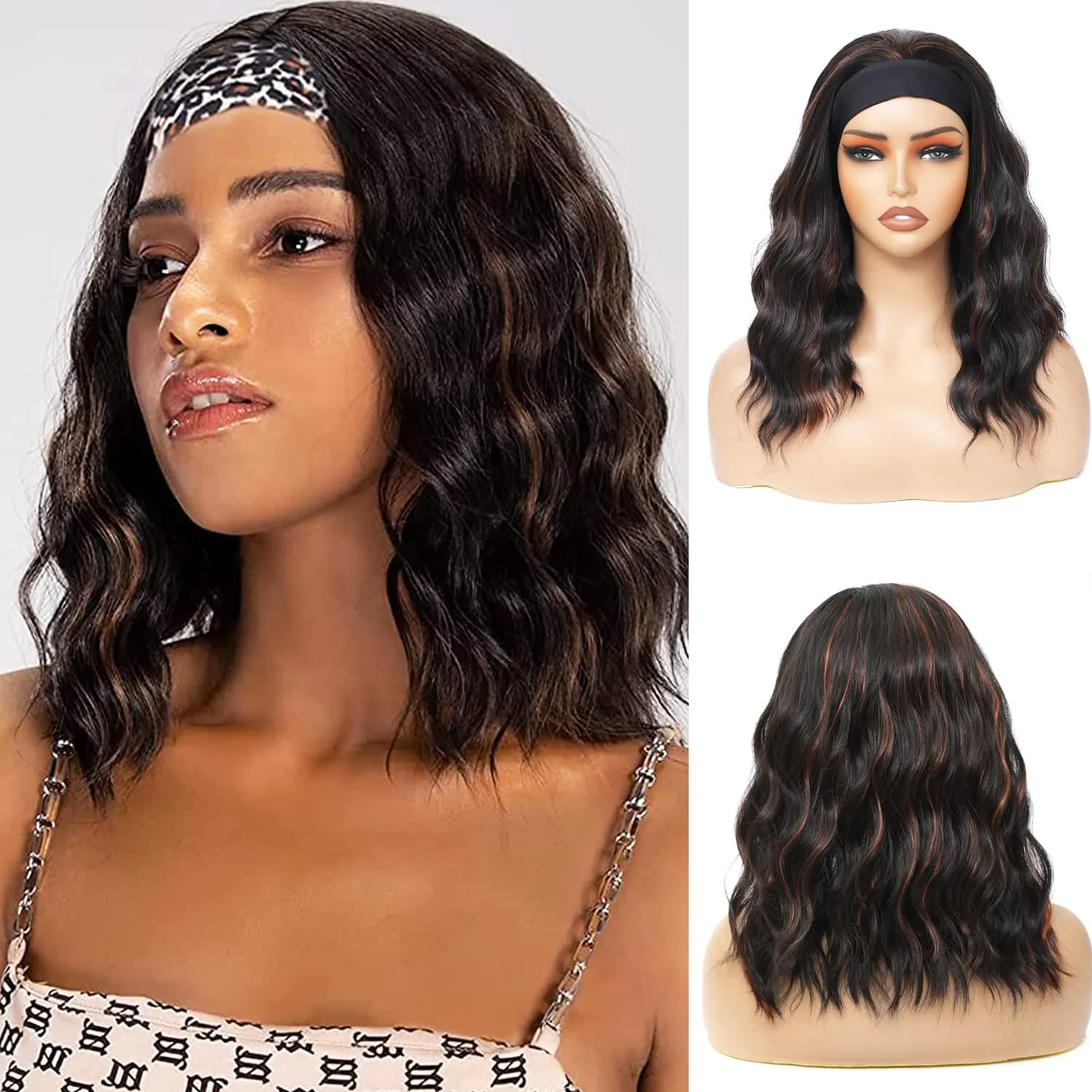 Headband Wigs For Black Women Short Wavy Headband Wig 14 Inch Black Mix Brown Glueless Wig Heat Resistant Fibers Synthetic Hair Natural Look（1b/30）