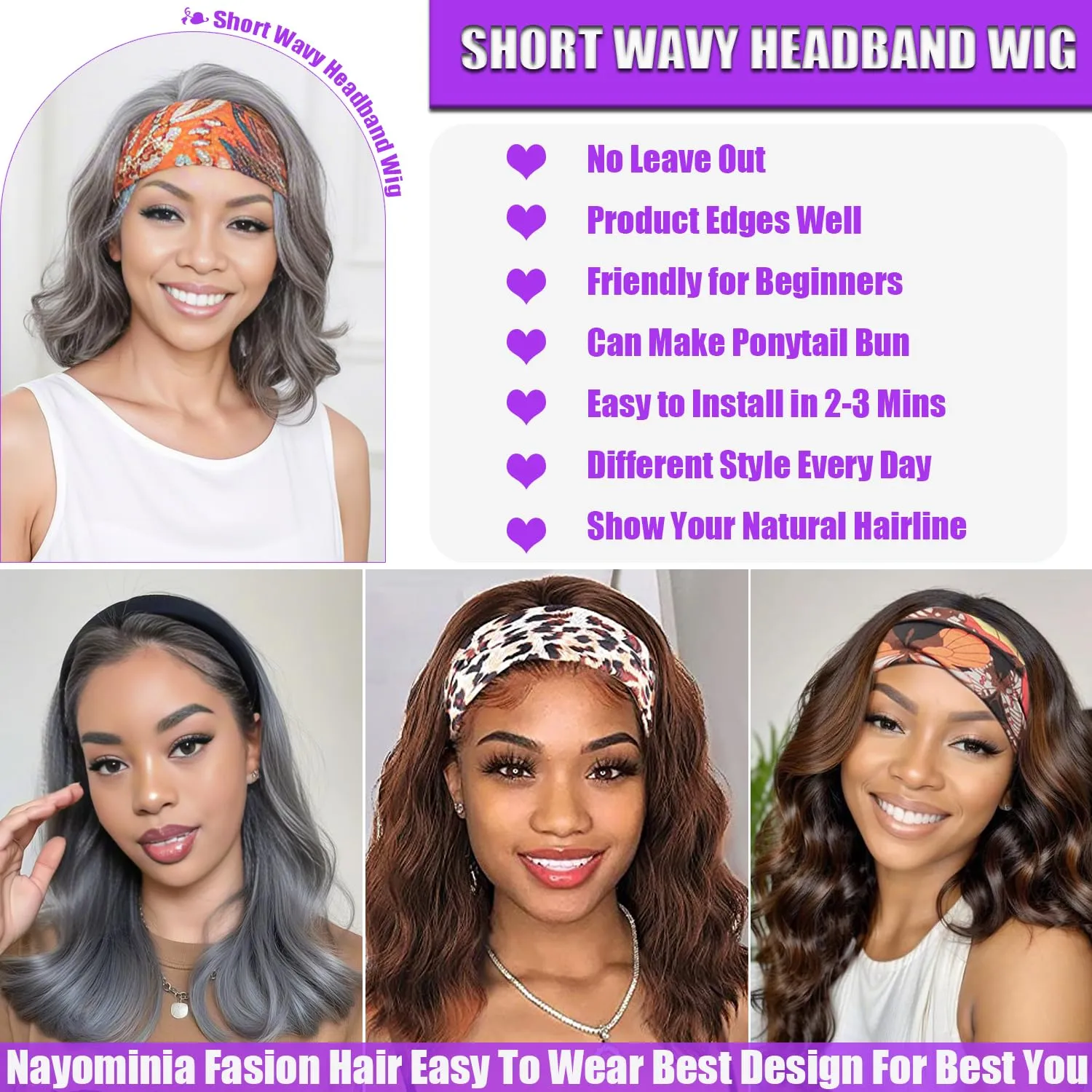 Headband Wigs For Black Women Short Wavy Headband Wig 14 Inch Black Mix Brown Glueless Wig Heat Resistant Fibers Synthetic Hair Natural Look（1b/30）