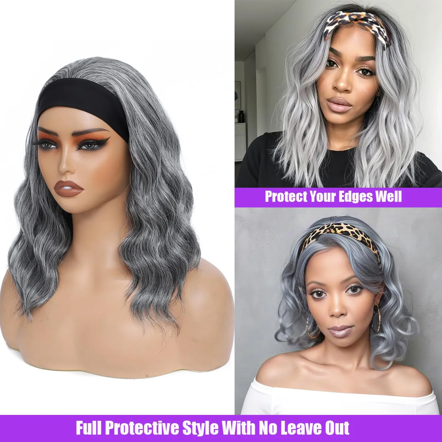 Headband Wigs For Black Women Short Wavy Headband Wig 14 Inch Black Mix Brown Glueless Wig Heat Resistant Fibers Synthetic Hair Natural Look（1b/30）