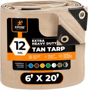 Heavy Duty Tan Poly Tarp 6' X 20' - Multipurpose Protective Cover - Durable, Waterproof, Weather Proof, Rip and Tear Resistant - Extra Thick 12 Mil Polyethylene - by Xpose Safety