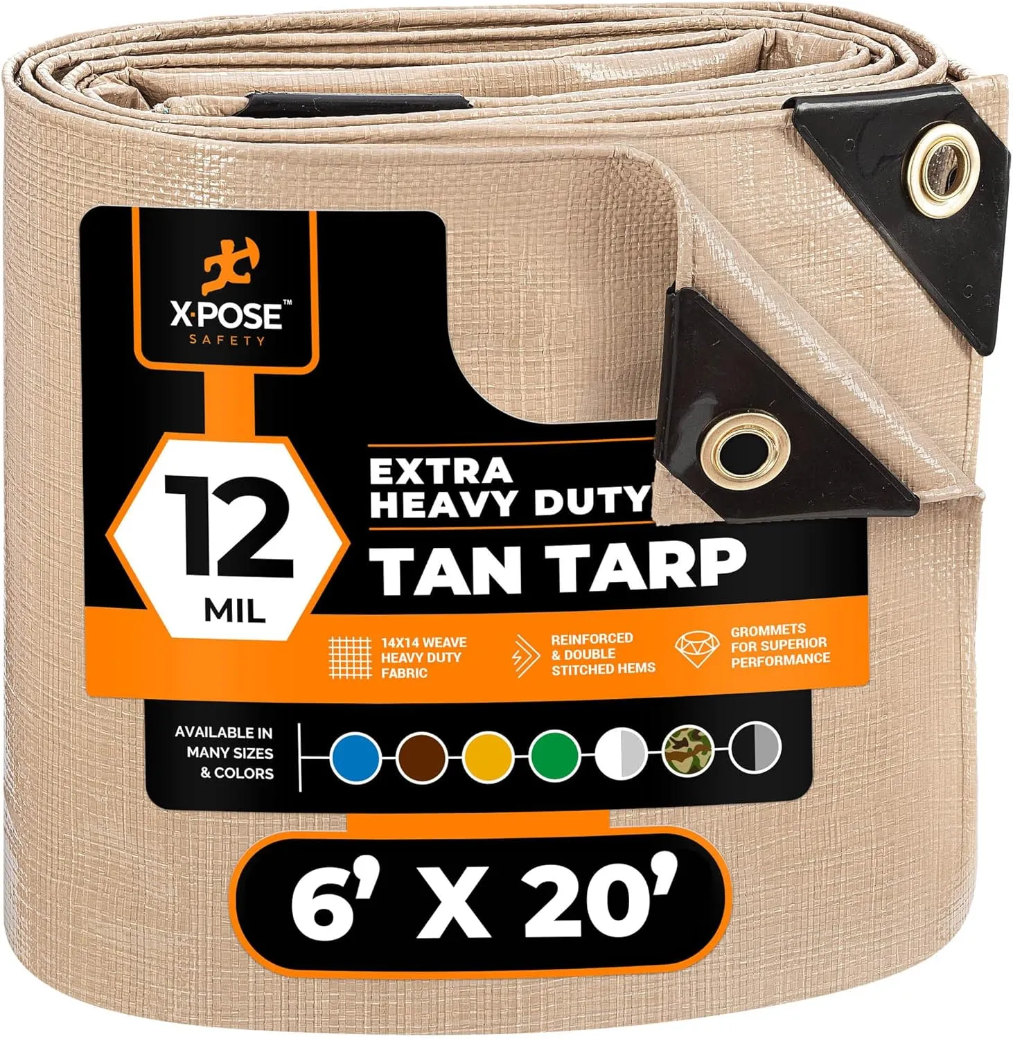Heavy Duty Tan Poly Tarp 6' X 20' - Multipurpose Protective Cover - Durable, Waterproof, Weather Proof, Rip and Tear Resistant - Extra Thick 12 Mil Polyethylene - by Xpose Safety