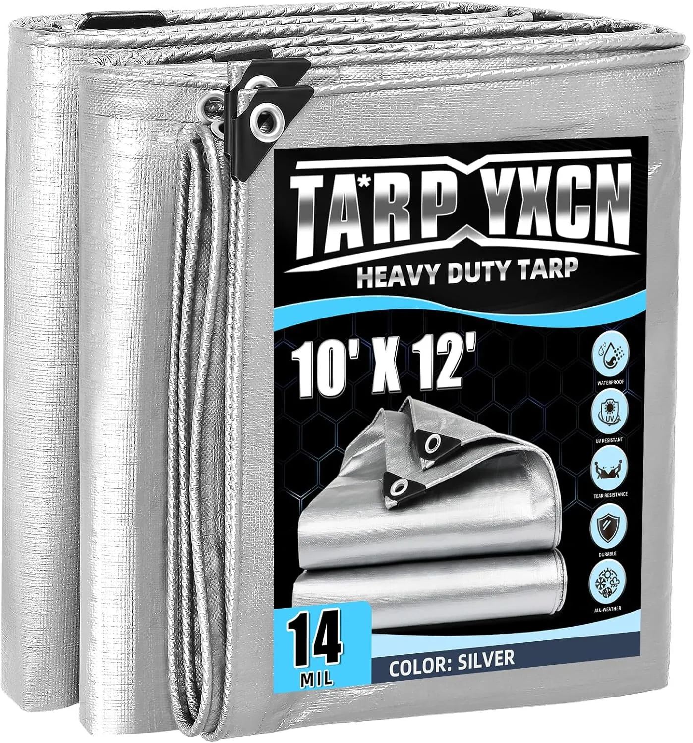 Heavy Duty Tarp 10x12 Feet, 14 Mil Waterproof Poly Tarps Cover UV Resistant, Rip & Tear Proof with Metal Grommets Every 20 Inches Silver Tarp by TA*RP YXCN