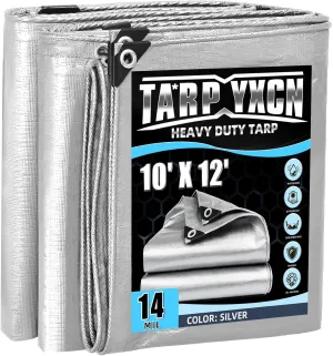 Heavy Duty Tarp 10x12 Feet, 14 Mil Waterproof Poly Tarps Cover UV Resistant, Rip & Tear Proof with Metal Grommets Every 20 Inches Silver Tarp by TA*RP YXCN