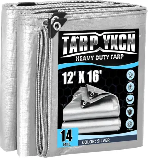 Heavy Duty Tarp 12x16 Feet, 14 Mil Waterproof Poly Tarps Cover UV Resistant, Rip & Tear Proof with Metal Grommets Every 20 Inches Silver Tarp by TA*RP YXCN