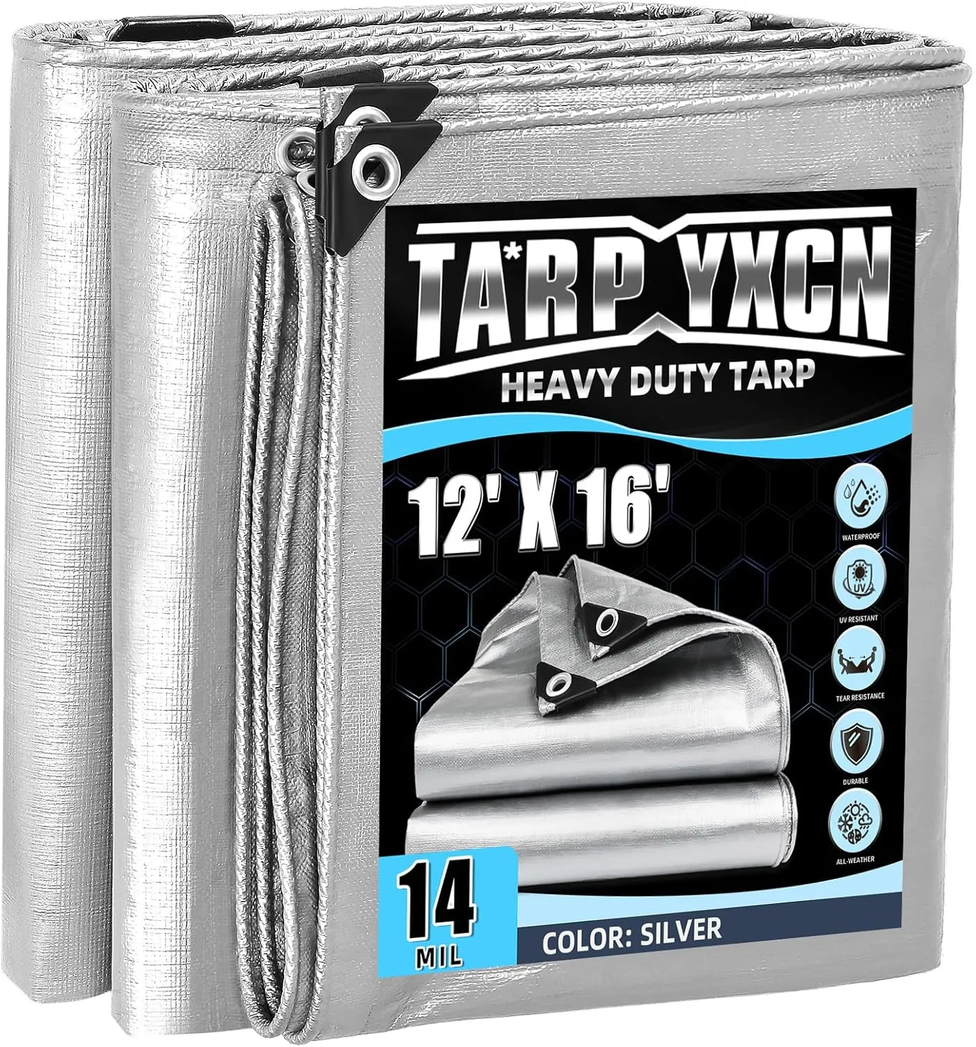 Heavy Duty Tarp 12x16 Feet, 14 Mil Waterproof Poly Tarps Cover UV Resistant, Rip & Tear Proof with Metal Grommets Every 20 Inches Silver Tarp by TA*RP YXCN