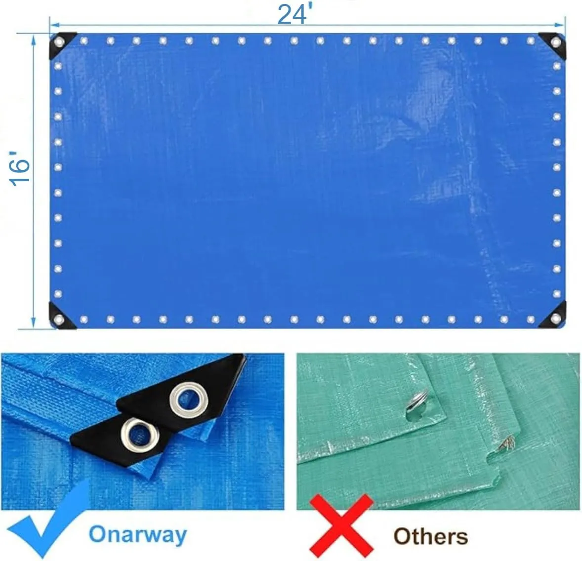 Heavy Duty Waterproof 16 mil or 0.40 mm Thick Tarp Cover, UV Resistant, Rip & Tear Proof with Metal Grommets, Use for Camping, Tent, Boat, RV, Car and More (16-24)