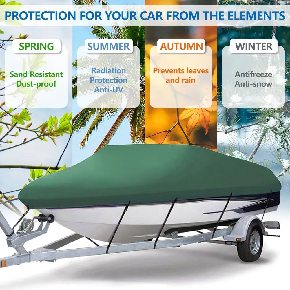 Heavy Duty Waterproof Boat Cover 17-19 ft - Trailerable Marine Grade Tarp for V-Hull, Tri-Hull, Bass & Runabout Boats - UV Resistant, All-Weather Protection for Fishing & Skiing (Dark Green, 14-16ft)