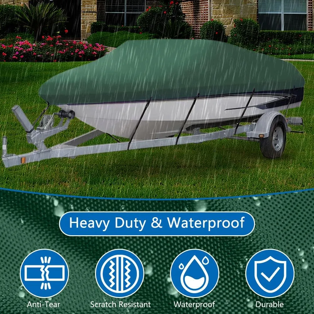 Heavy Duty Waterproof Boat Cover 17-19 ft - Trailerable Marine Grade Tarp for V-Hull, Tri-Hull, Bass & Runabout Boats - UV Resistant, All-Weather Protection for Fishing & Skiing (Dark Green, 14-16ft)