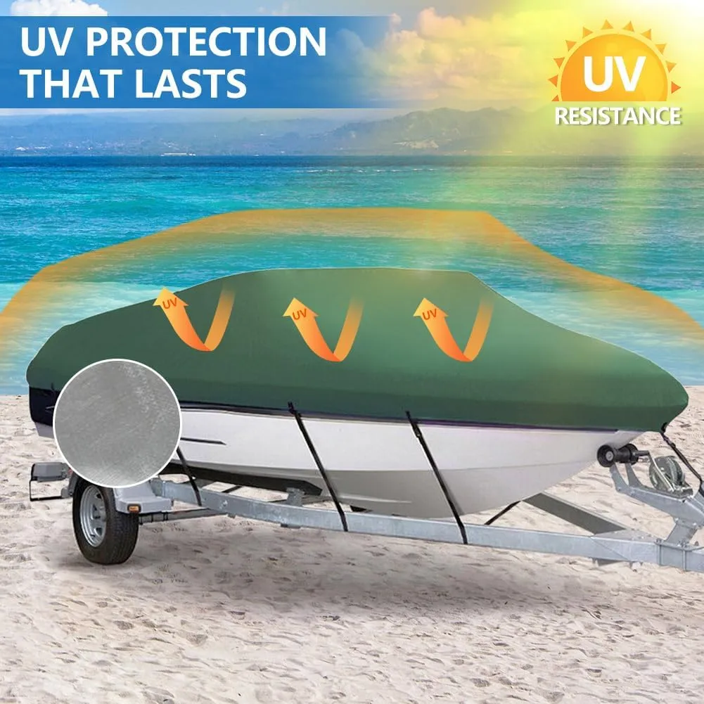 Heavy Duty Waterproof Boat Cover 17-19 ft - Trailerable Marine Grade Tarp for V-Hull, Tri-Hull, Bass & Runabout Boats - UV Resistant, All-Weather Protection for Fishing & Skiing (Dark Green, 14-16ft)