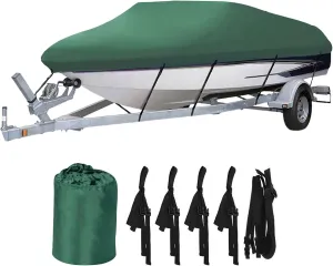 Heavy Duty Waterproof Boat Cover 17-19 ft - Trailerable Marine Grade Tarp for V-Hull, Tri-Hull, Bass & Runabout Boats - UV Resistant, All-Weather Protection for Fishing & Skiing (Dark Green, 14-16ft)