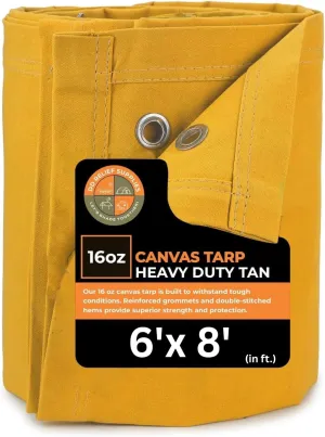 Heavy Duty Waterproof Canvas Tarp – 6x8 ' 24 oz, Tan with Grommets | Durable Multipurpose Cover for Camping, Canopies, Tents, Trailers, Machinery & Equipment
