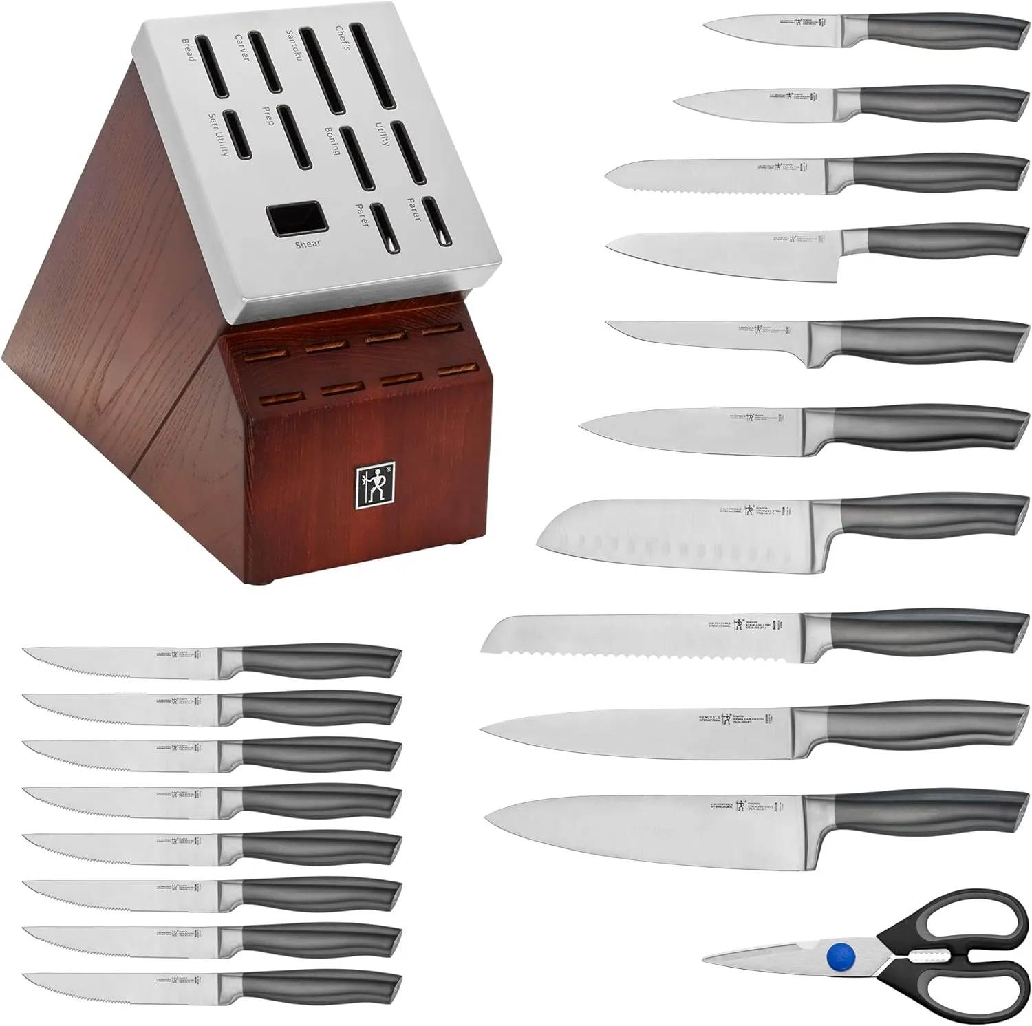 Henckels Graphite 20-pc Self-Sharpening Knife Set with Block, Chef Knife, Paring Knife, Utility Knife, Bread Knife, Steak Knife, Brown