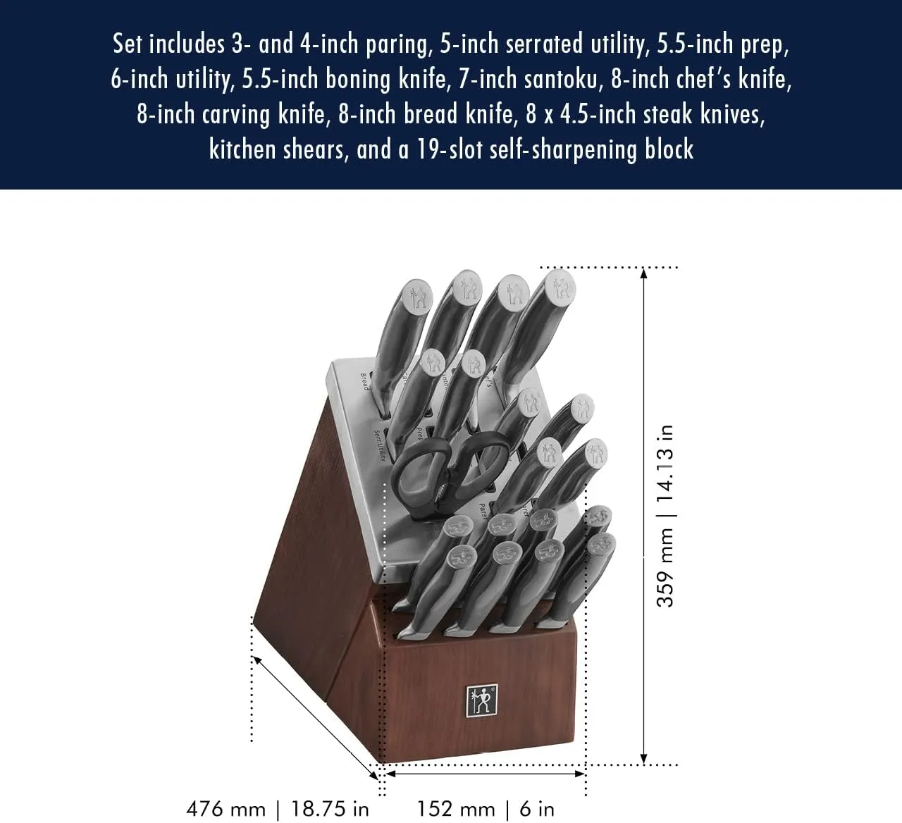 Henckels Graphite 20-pc Self-Sharpening Knife Set with Block, Chef Knife, Paring Knife, Utility Knife, Bread Knife, Steak Knife, Brown