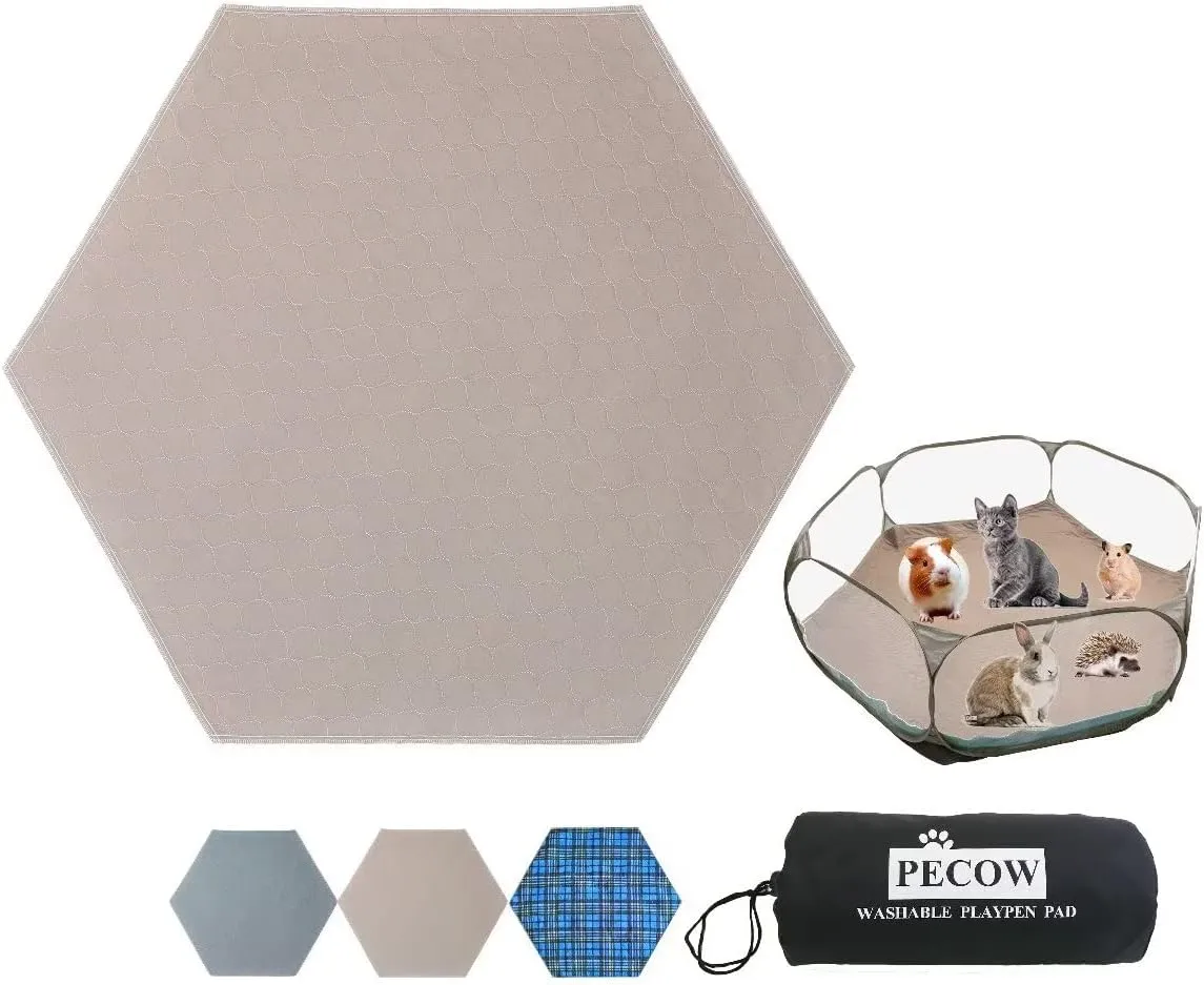 Hexagon Washable Liner for Portable Small Animal Playpen Guinea Pig Play Pen Hamster Cage fleece Bunny Carrier Indoor/Outdoor Rabbit Tent Waterproof Reusable Super Absorbent(Pee Pad Only,Coffee)