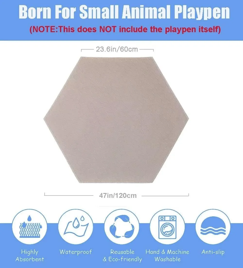 Hexagon Washable Liner for Portable Small Animal Playpen Guinea Pig Play Pen Hamster Cage fleece Bunny Carrier Indoor/Outdoor Rabbit Tent Waterproof Reusable Super Absorbent(Pee Pad Only,Coffee)