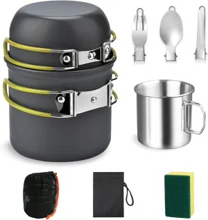 HexaHive Camping Cookware Set, Backpacking mess kit with 0.26 Gal Pots 0.14 Gal Pans Stainless Steel Cups and Forks Knives Spoons, Camp Cooking kitchen pans set for Hiking, Camping, Outdoor and Picnic